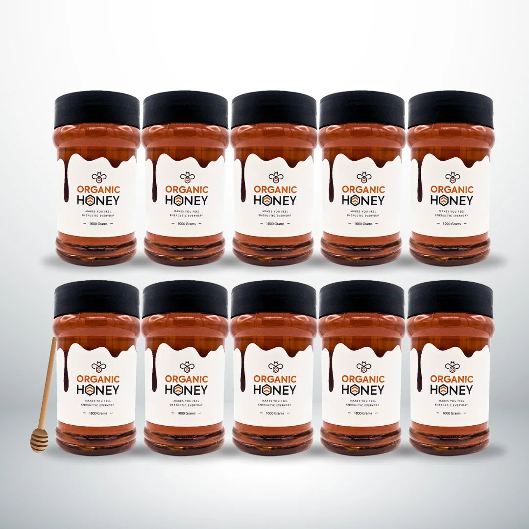 ten jars of organic honey with visible labels on a white background