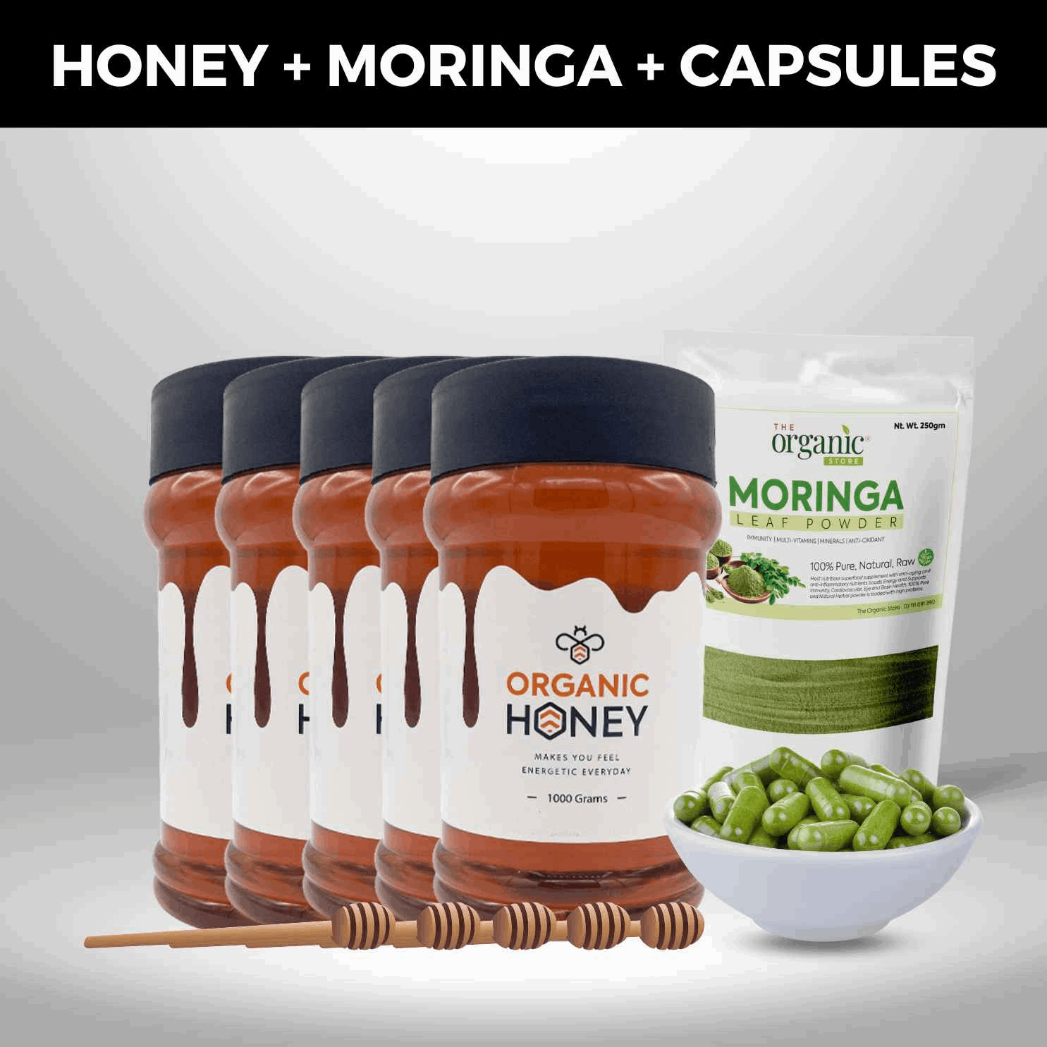 5kg Raw Honey + Free 5 spoons + 250gm Moringa +  50 Moringa Capsules - The Organic Store