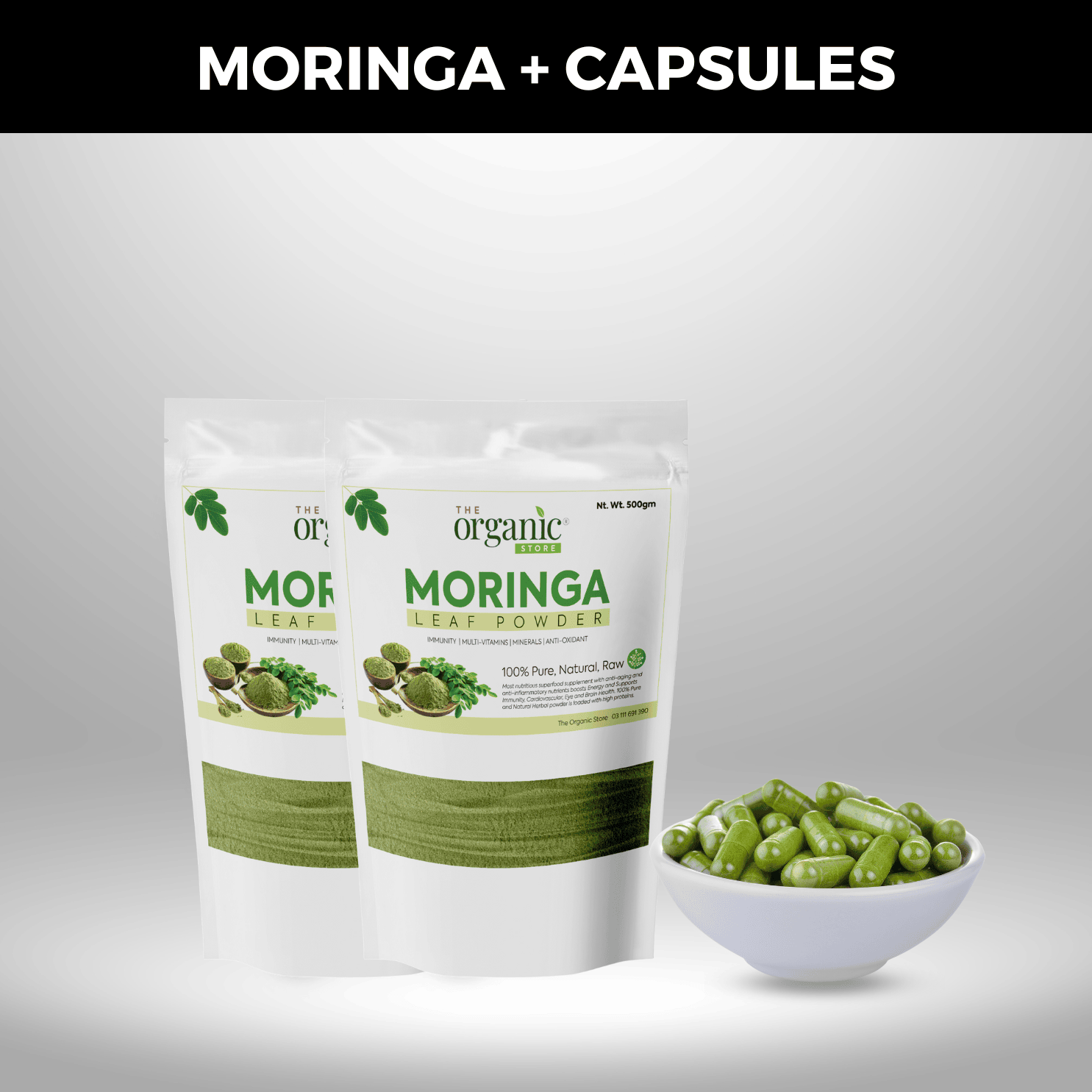 Buy pack of 2 Moringa powder and get 50 moringa capsules FREE The Organic Store