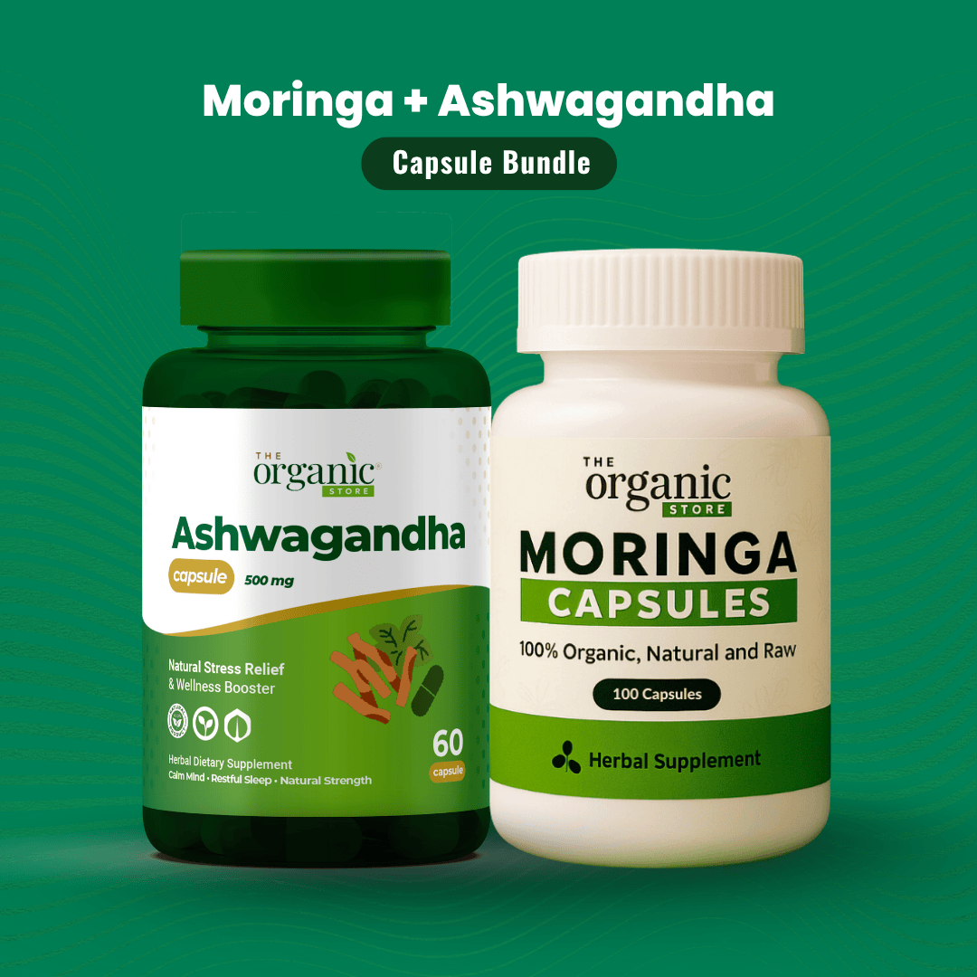 Two supplement bottles labeled 'Ashwagandha' and 'Moringa' on a green background.
