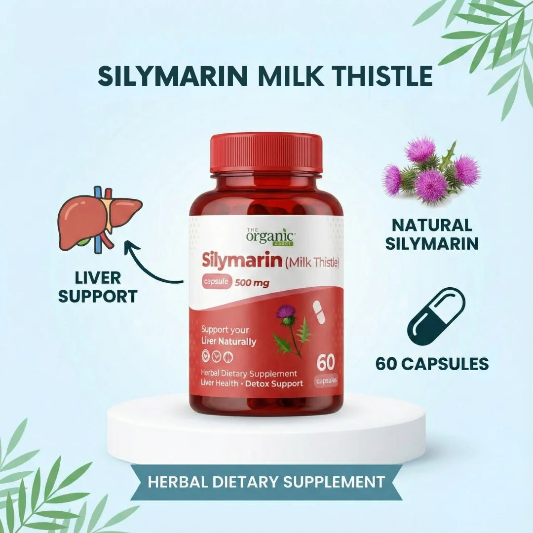 Silymarin Milk Thistle supplement bottle with liver support illustration on a light blue background