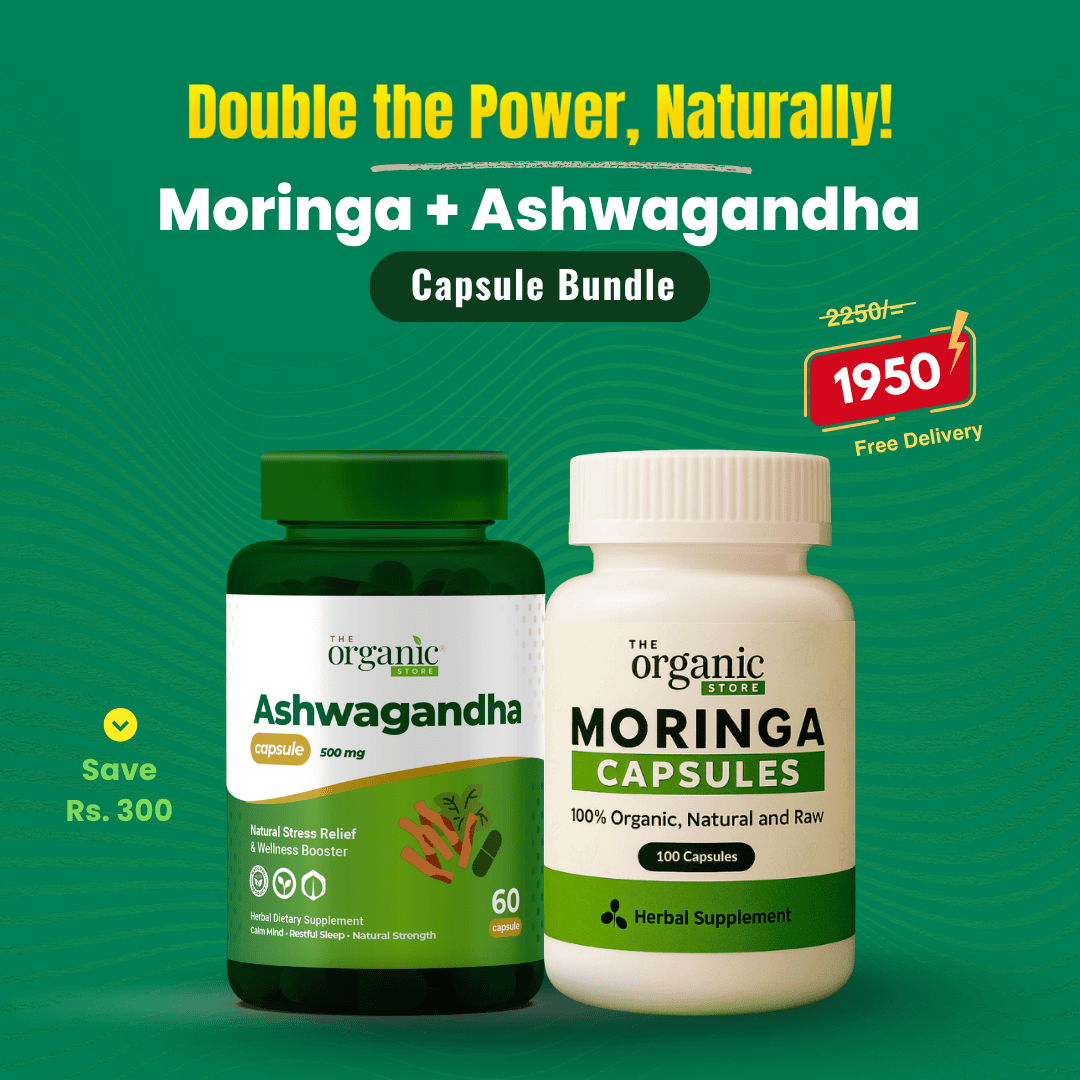 Two supplement bottles, one green and one white, on a green background with promotional text.