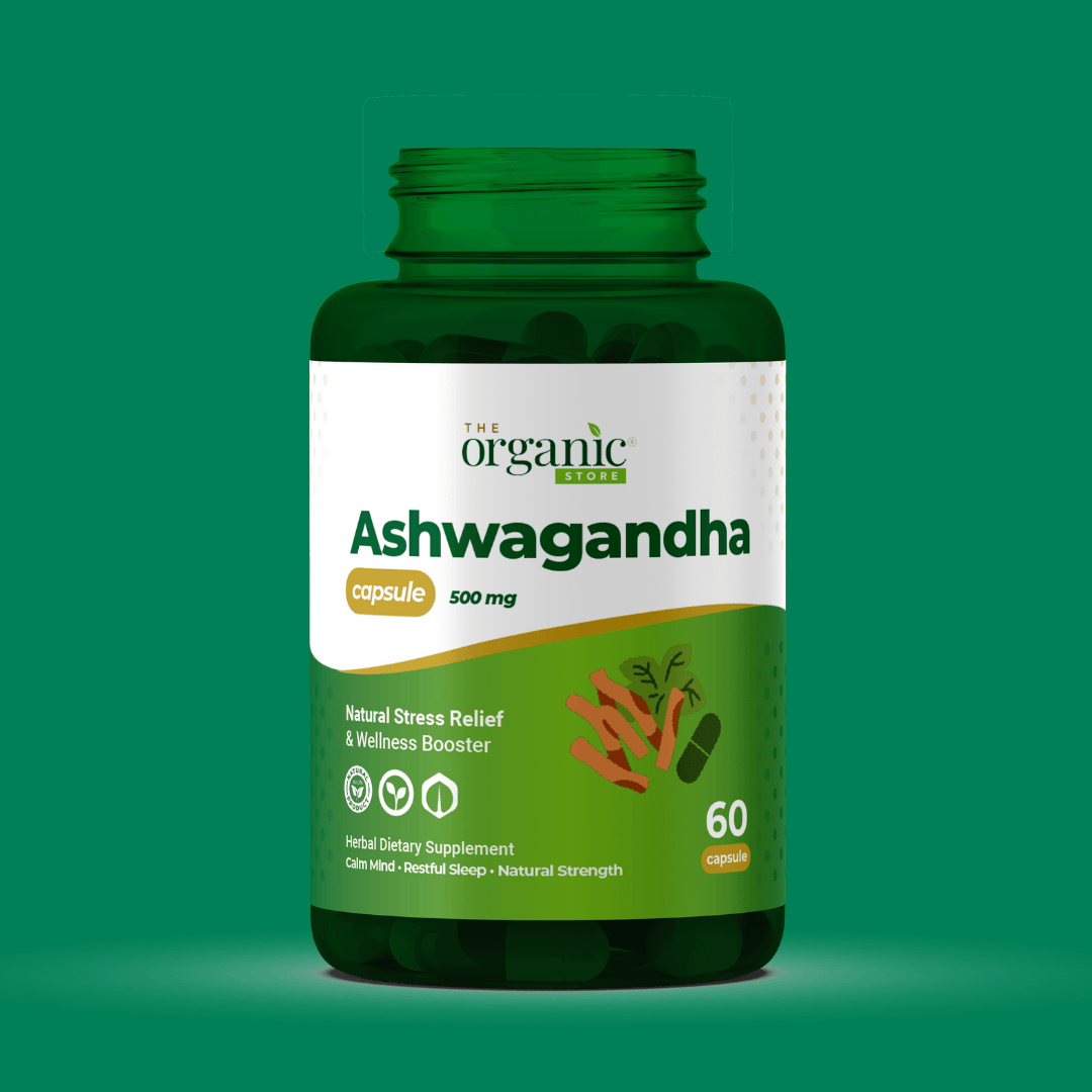 Supplement bottle labeled 'Ashwagandha' on a green background