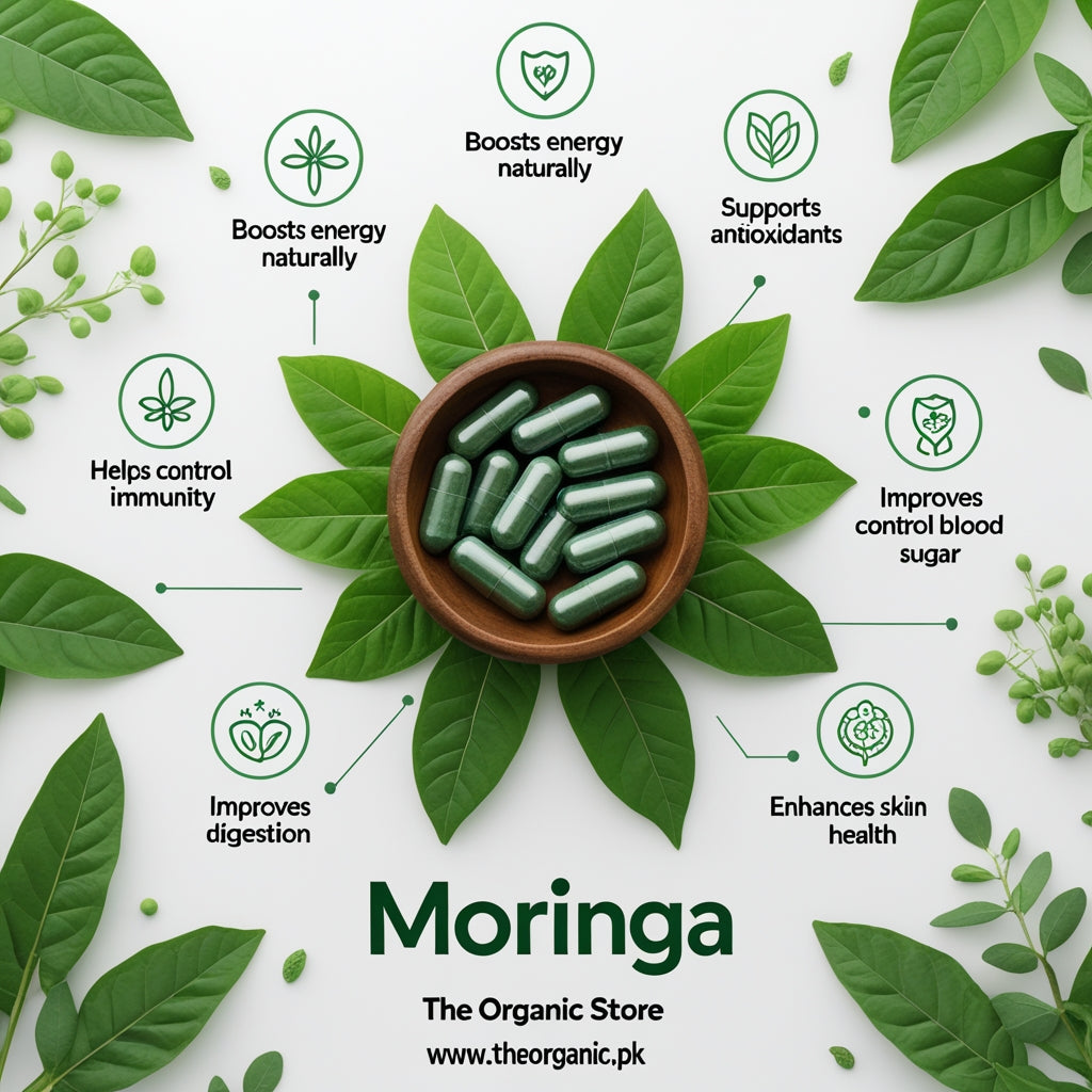 Moringa leaves and capsules with health benefits on a white background, featuring The Organic Store branding.