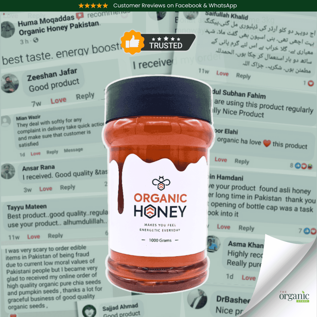 Jar of organic honey with customer reviews in the background