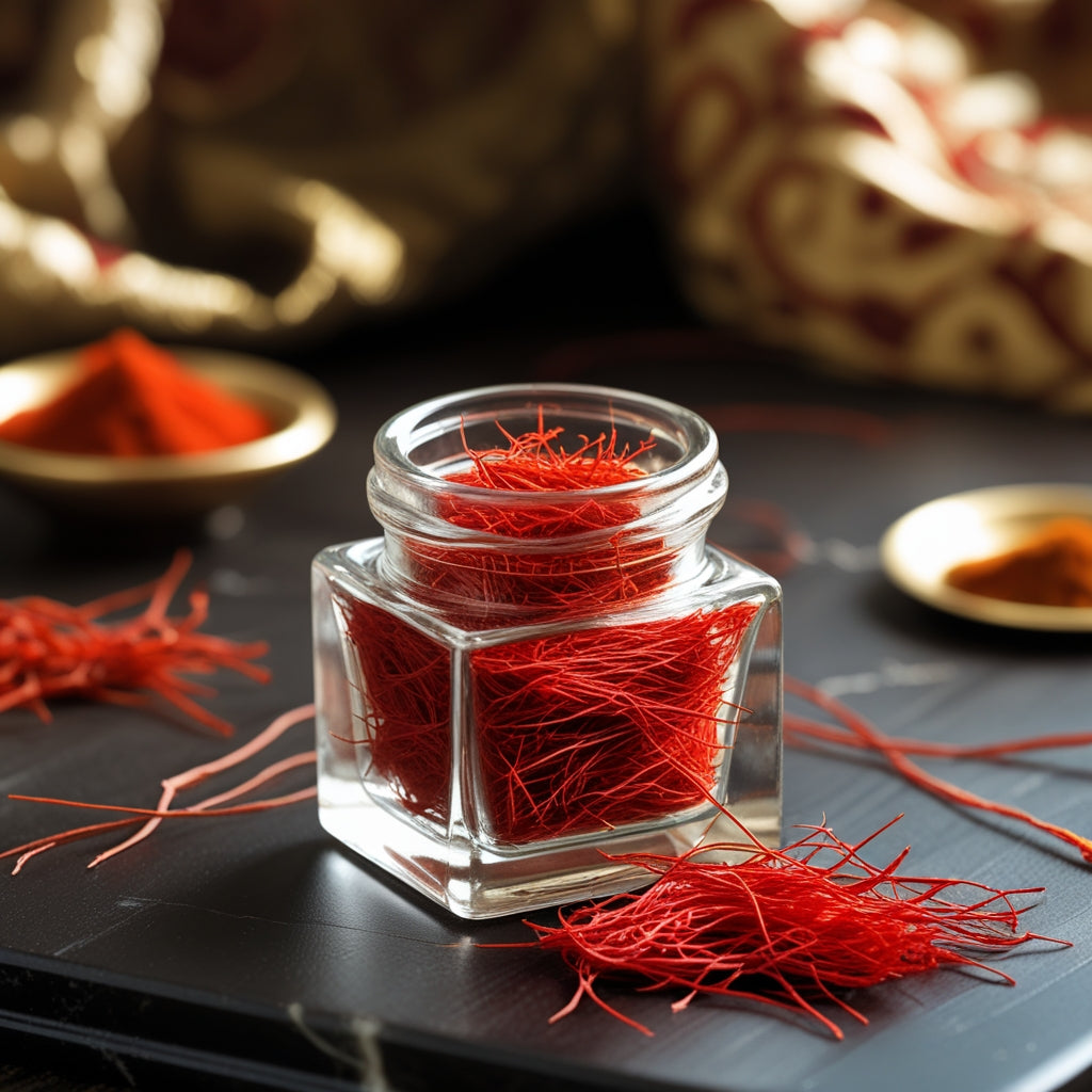 Jar of red saffron threads on a dark surface with blurred background