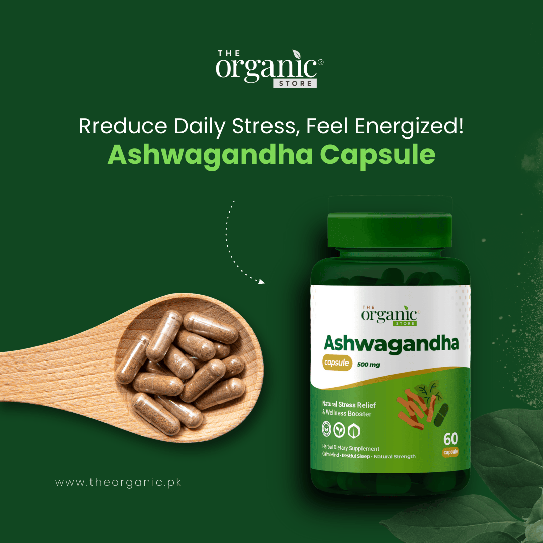 Ashwagandha capsule bottle with capsules on a wooden spoon against a green background