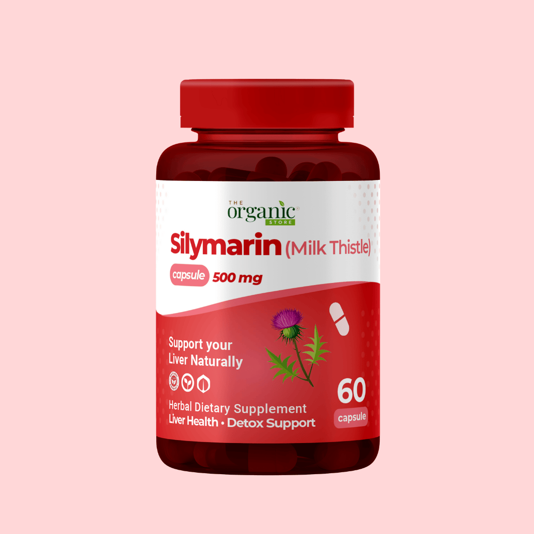 Supplement bottle labeled 'Silymarin (Milk Thistle)' on a pink background