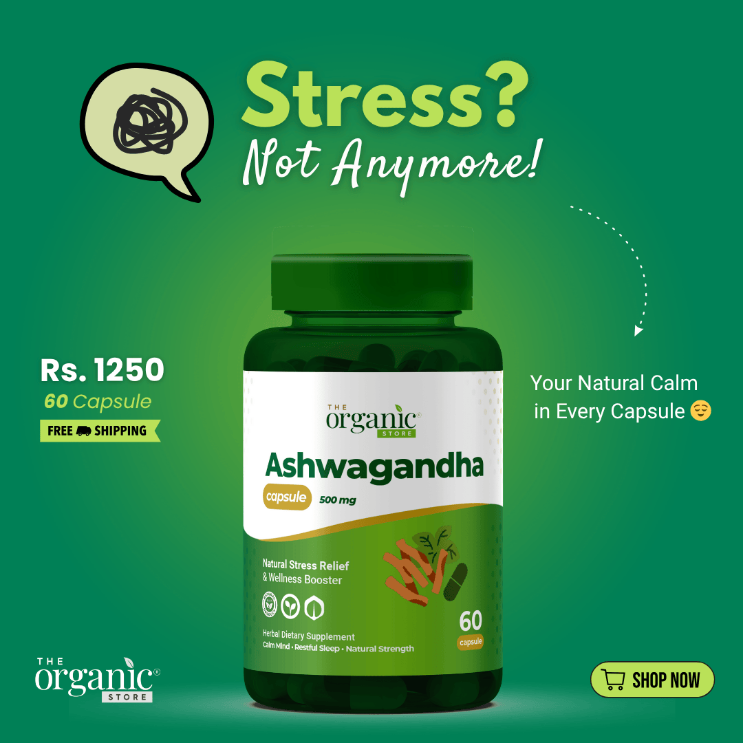Bottle of Ashwagandha capsules with promotional text on a green background