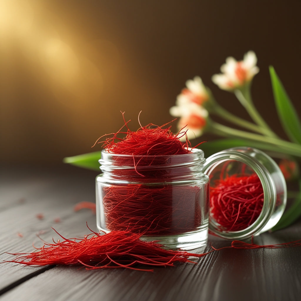 Red saffron threads in a glass jar on a wooden surface with blurred flowers in the background.