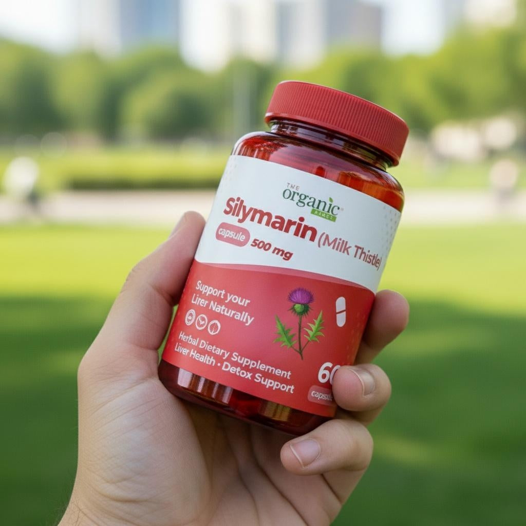Hand holding a bottle of Silymarin supplement with a green outdoor background