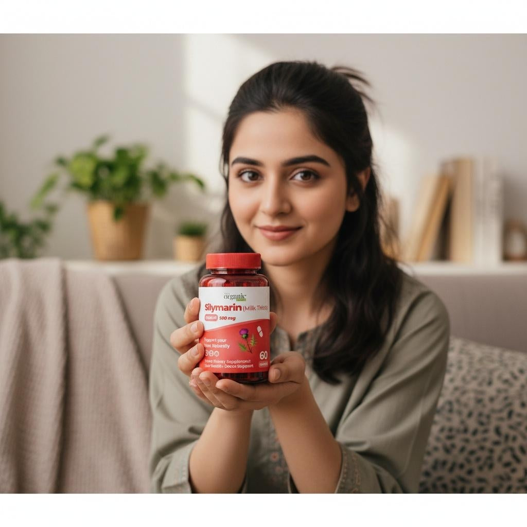 Woman holding a bottle of Gummyvitamins in a living room setting