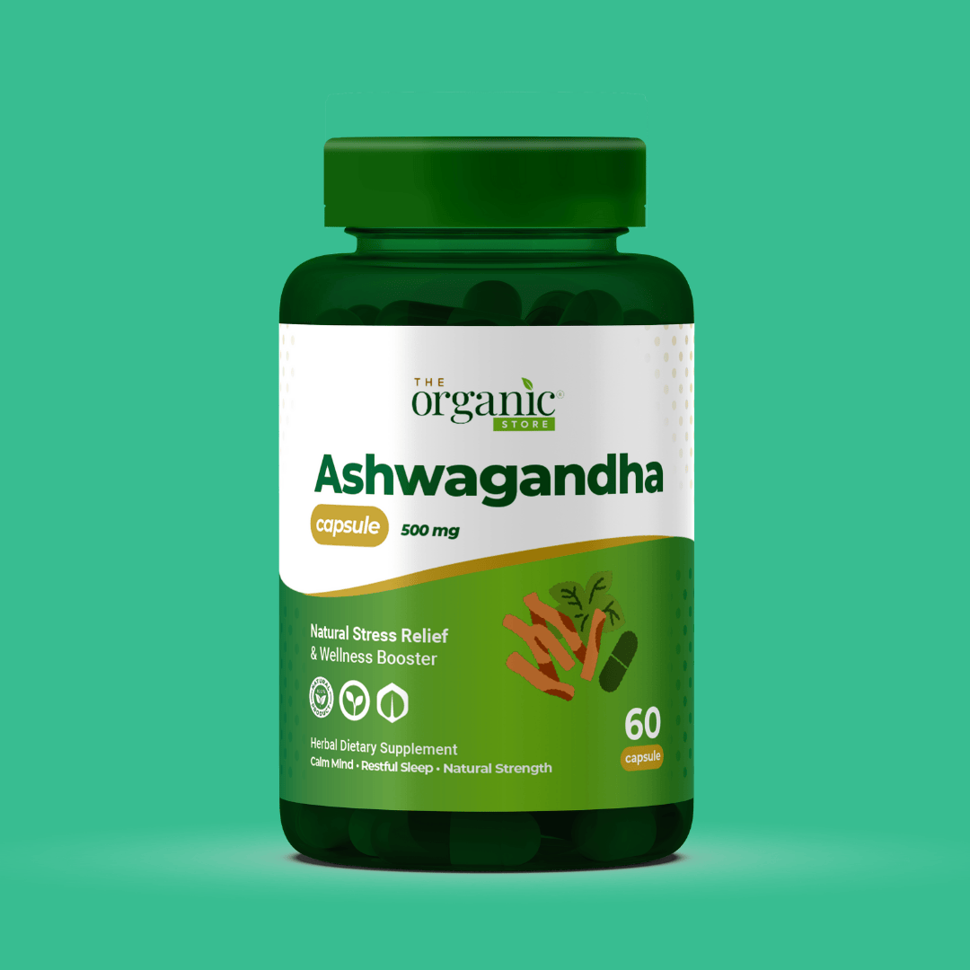 Supplement bottle labeled 'Ashwagandha' on a green background