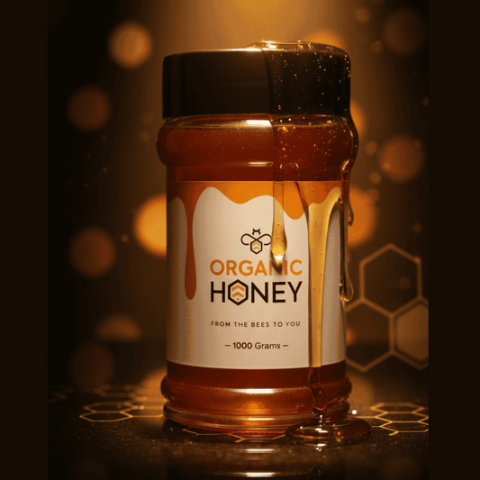 Jar of organic honey with a label on a dark background