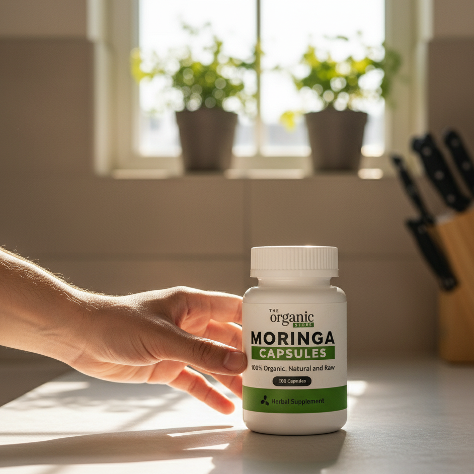 Hand holding a bottle of Moringa capsules on a kitchen counter with plants in the background.