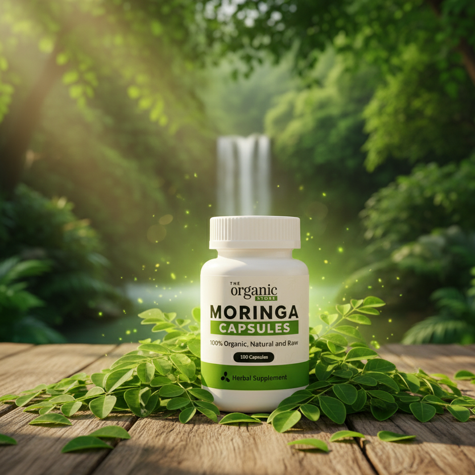 Bottle of Moringa capsules with green leaves on a wooden surface in a natural setting
