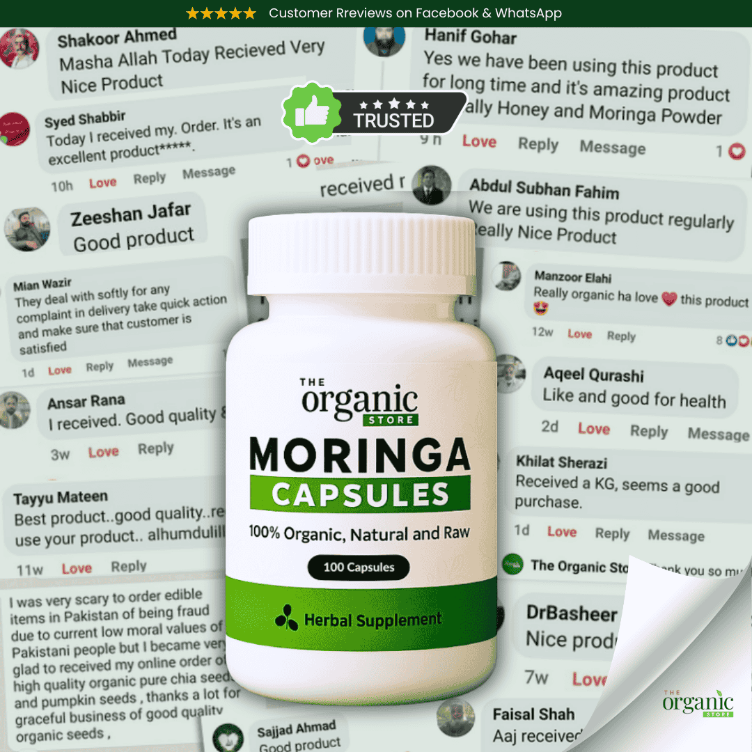Moringa capsules with customer reviews displayed on a computer screen